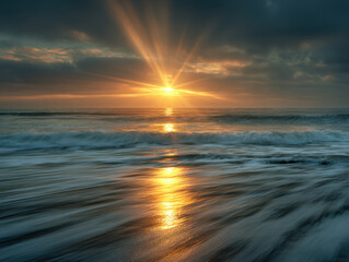 Golden sunlight reflecting on moving ocean waves at dawn with dramatic clouds creating a serene and inspiring coastal seascape atmosphere