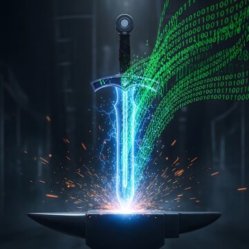 Glowing neon sword emerges from anvil with binary code stream and sparks