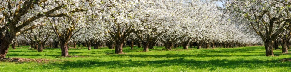 Fototapeta premium Blossoming trees in a field with green grass springtime nature scene