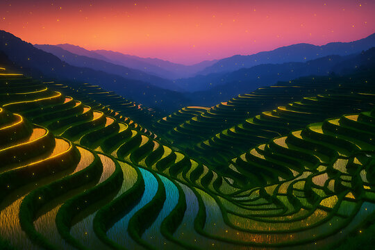 Terraced Rice Fields at Sunset in Longsheng China.
