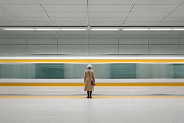 Fototapeta premium Elderly Woman Standing Alone on Subway Platform with Passing Train – Concept of Solitude, Time, Urban Life and Transition