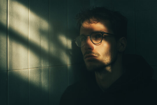 Pensive Young Man Sitting in Shadow with Dramatic Light and Glasses &ndash; Concept of Loneliness, Depression and Mental Health Awareness