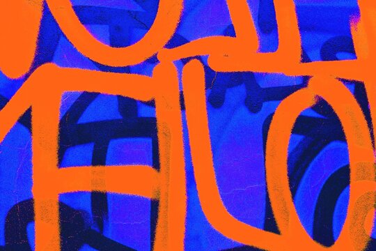 Graffiti street art in neon blue, orange hues. Retro 90s urban style, vibrant, bold design. Creative banners, posters, digital art, modern 90s, 2000s visuals.