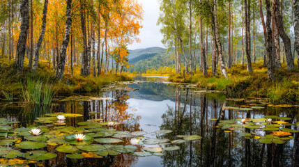 Serene autumn lake with colorful foliage and blooming water lilies