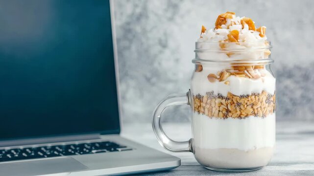 Delicious granola and yogurt parfait next to laptop in modern kitchen setup