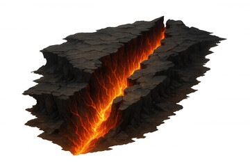 Earth's crust cracking, revealing a deep chasm filled with flowing liquid lava. Transparent background