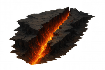 Earth's crust cracking, revealing a deep chasm filled with flowing liquid lava. Transparent background