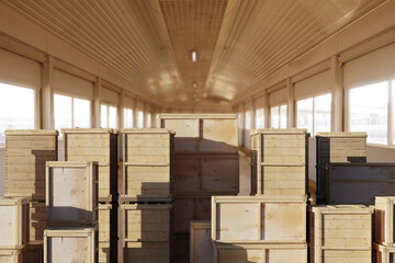 Wooden crates stacked inside a large storage facility with bright windows, concept of packaging, logistics, inventory. Activity: Warehouse, logistics.