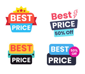 Collection of four colorful best price sale tags and discount labels with percentage off offers