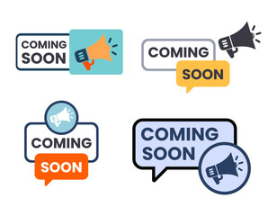 Collection of four distinct graphic designs announcing coming soon with megaphone icons and speech bubbles