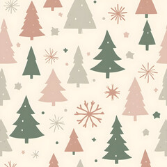 Seamless festive pattern with colorful Christmas trees, stars, and snowflakes on a beige background, creating a warm modern holiday design for wrapping and decoration