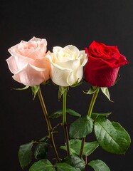 Fototapeta premium Three roses of varying colors in front of a black background