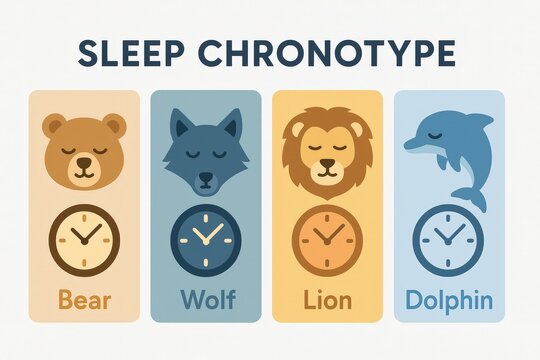 Explore the unique concepts of sleep chronotypes through charming illustrations depicting bear, wolf, lion, and dolphin characters each paired with specific time representations surrounding