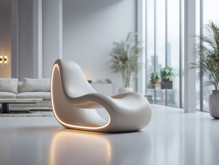 Sleek modern lounge chair with integrated ambient lighting in spacious bright living room featuring large windows and minimalistic decor design