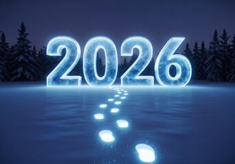 The year 2026 illuminated in ice, set in a snowy forest with glowing footprints leading towards it