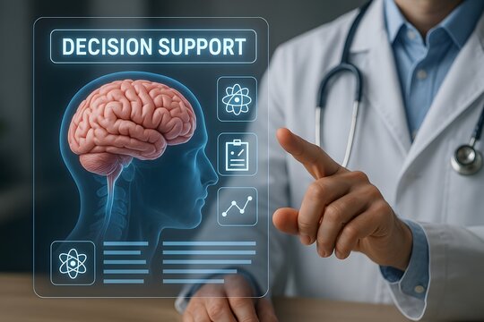 A doctor using a digital interface with the words Decision Support above a graphic of a brain. Concept of medical technology and healthcare.