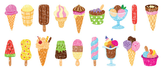 Crayon drawing ice cream. Popsicles, creamy balls in waffle cones and bowls. Sweet dairy dessert chalk or pencil drawn, children style, neoteric vector clipart