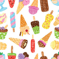 Ice cream seamless pattern. Crayon drawing sketch sweet creamy desserts. Balls in waffle cones, popsicles. Fabric print template, neoteric vector background