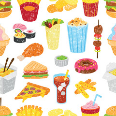 Fast food seamless pattern. Crayon drawing pizza burger popcorn sushi sandwich. Children drawn style print template for fabric, neoteric vector background