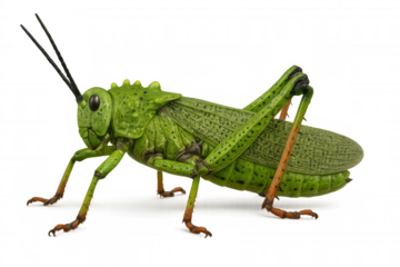 Green grasshopper standing, detailed macro biology study with transparent background, nature insect