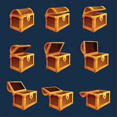 Wooden chest. Animation of opened and closed pirate chest for coins, jewelry, treasure. Interior element of medieval castle or palace for riches, sapid vector set
