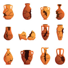 Cartoon broken clay pots. Antique jugs, various shards and archaeological finds. Crockery roman greek style, pottery artifacts, sapid vector set