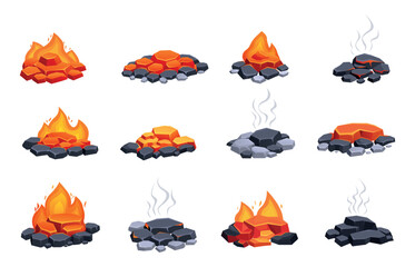 Burning glowing coals. Extinguished coal, red hot burn charcoals piles. Fire elements for fireplace, oven, campfire or barbeque. Fires and smokes, sapid vector clipart