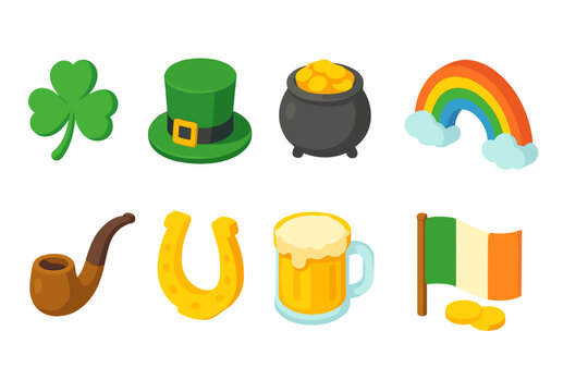 St. patrick's day 3d icon set: shamrock, leprechaun hat, rainbow, and more - Powered by Adobe