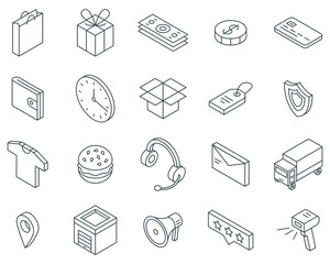 Isometric e-commerce icons. Delivery and transportation. Online shopping, e-marketing and logistic. Goods outline icon, food and clothes, nifty vector set