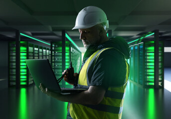 Engineer in safety vest and hard hat using laptop and radio inside modern data center with glowing...