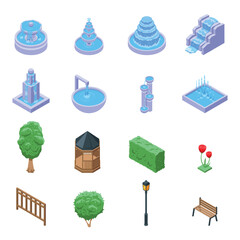 Isometric garden elements. Outdoor design architecture 3d objects. Fountains with water, bush, hedge and wooden fence, bench. Urban nifty vector set