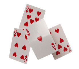 Playing cards for poker and gambling, series of hearts isolated on white background with clipping path	