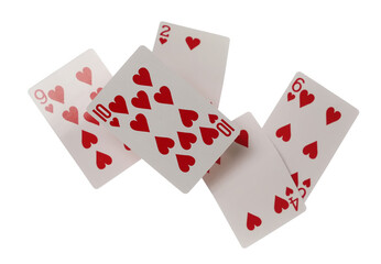 Fototapeta na wymiar Playing cards for poker and gambling, series of hearts isolated on white background with clipping path 