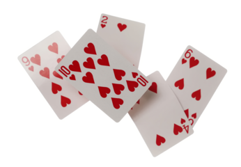 Playing cards for poker and gambling, series of hearts isolated on white background with clipping path