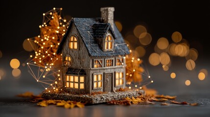 Discovering autumn's magic with a glowing miniature cabin. Data connectivity. A quaint wooden house amidst vibrant leaves in the cozy embrace of autumn. Tech innovation. Data network.
