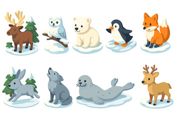 Cute woodland and arctic animals, 3d icon set for nature and wildlife themes