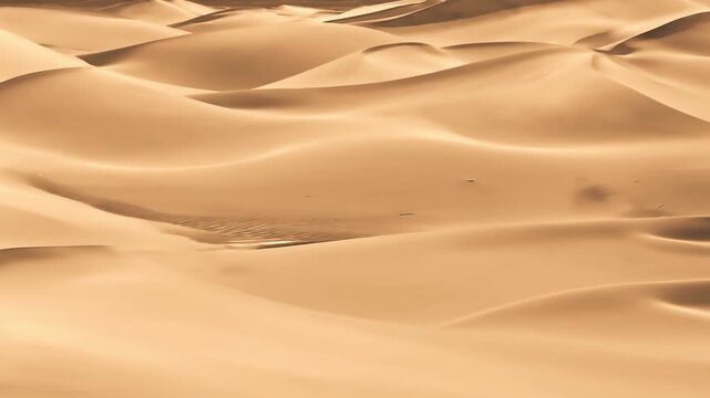 Aerial shot of vast and serene golden sand dunes landscape under a clear bright sun.