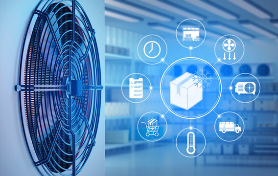 Cooling system fan with digital interface showing logistics, temperature, storage, and delivery icons for cold chain management. Refrigeration, logistics.