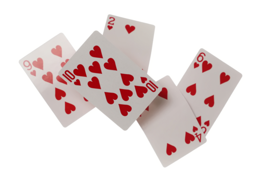 Playing cards for poker and gambling, series of hearts isolated on white background with clipping path	