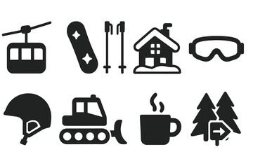 Winter sports silhouette icon set. skiing, snowboarding, winter gear solid collection