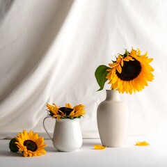 Sunflowers in cream vases