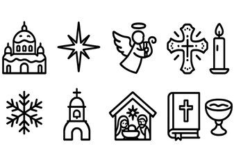Fototapeta premium Religion and christmas line icon set. church, holiday symbols, and nativity outline icons.