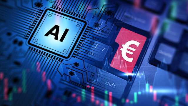 Artificial intelligence symbol with euro currency sign and digital financial chart, concept of AI in fintech, trading and economic technology, finance and technology.