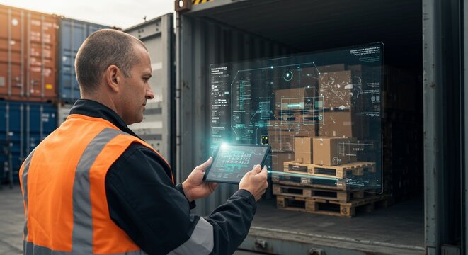 Logistics worker in a safety vest using a tablet with augmented reality overlay to check inventory inside a shipping container loaded with pallets and boxes. - Powered by Adobe