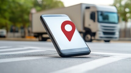 Smartphone screen with red map pin icon indicating gps location and real time tracking for fleet management