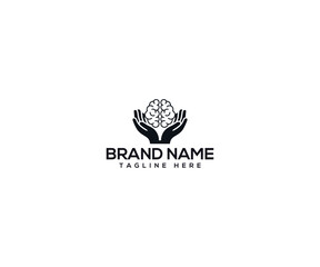 Mindful Design: A logo featuring a stylized brain cradled in a pair of hands, symbolizing care, innovation, and intellectual potential. A clean and modern design.