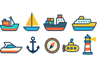 Maritime, nautical flat icon set. boats, ocean, sea, marine symbols collection