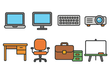 Office and technology outline icon set. devices, furniture, work essentials icons.