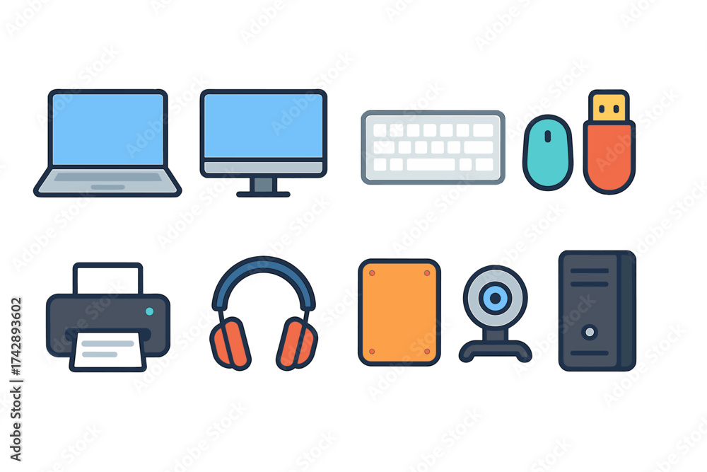 Wall mural computer and tech device icon set. electronic gadgets line icons collection