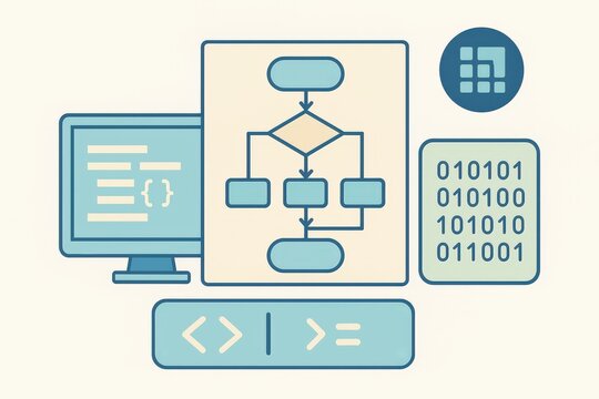 Comprehensive visualization of digital coding concepts illustrated with flowcharts, binary code, and logical symbols showcasing the integration of programming languages and systems analysis in a